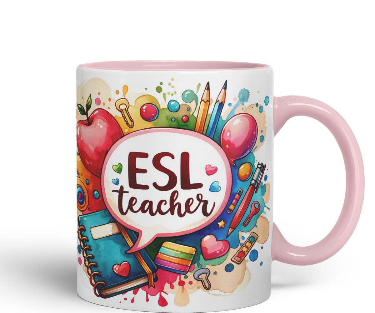 Vixar ESL Teacher Mug Thank You, End of School Gift Ceramic Coloured Mug Cup for Tea Coffee Hot Brew 330ml 11Oz Gift