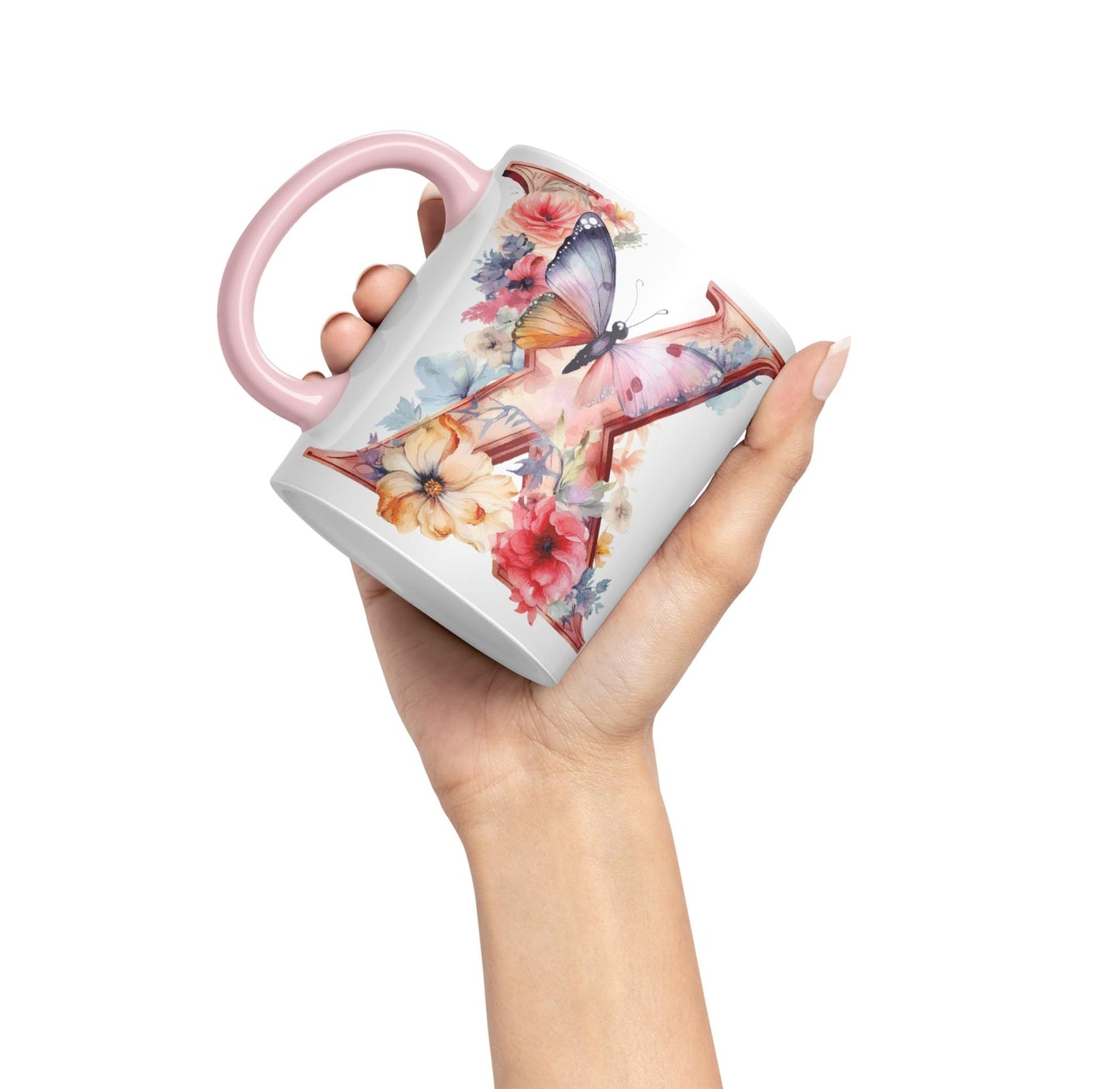 Letter X mug, Floral flowers butterfly Alphabet Letter X Monogram watercolour Ceramic Coloured Mug Cup for Tea Coffee Hot brew 330ml 11Oz Gift
