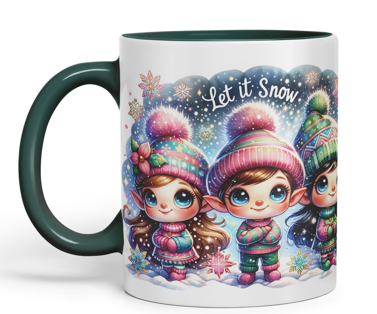Vixar Let It Snow Cute Christmas Elves Coloured Mug Cup Winter Gift 11oz (Black)