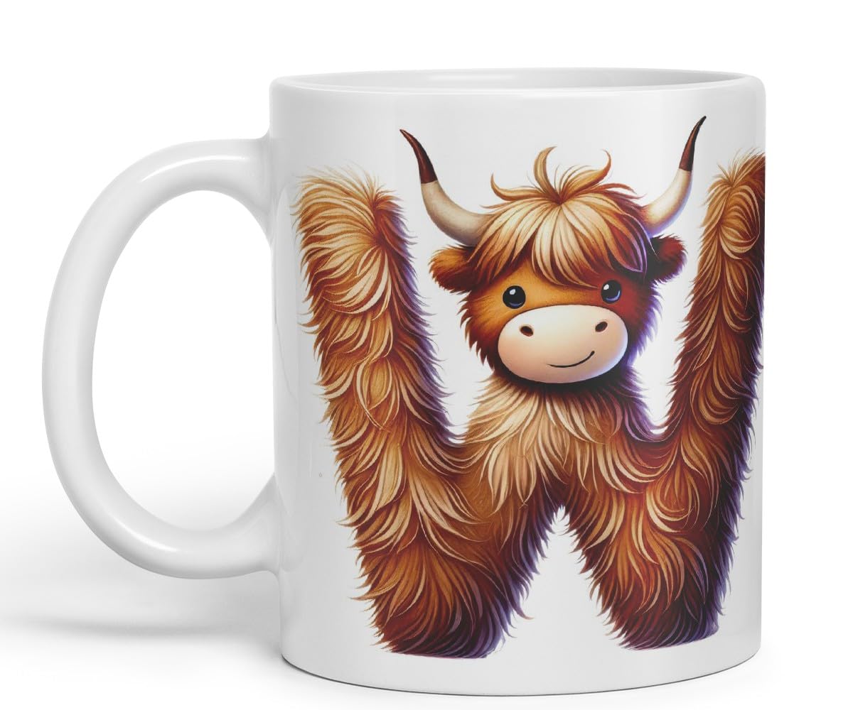 Highland Cow Alphabet Monogram Coloured Ceramic Cup Mug Letter W Rustic Farmhouse Animal Letter Gift V2 11oz (Black)