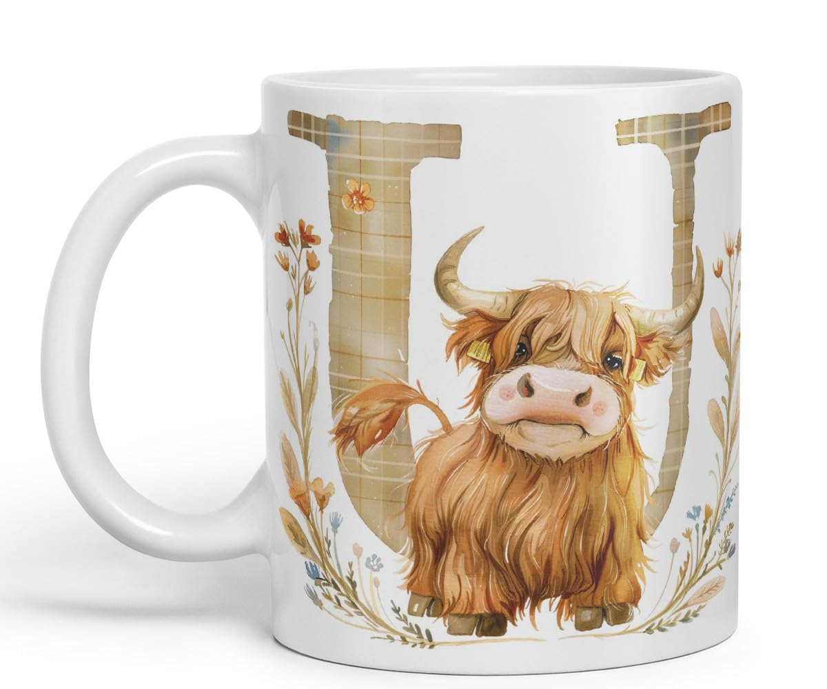 Vixar Highland Cow Alphabet Monogram Coloured Ceramic Cup Mug – Letter U – Rustic Farmhouse Animal Letter Gift – 11oz (Black)