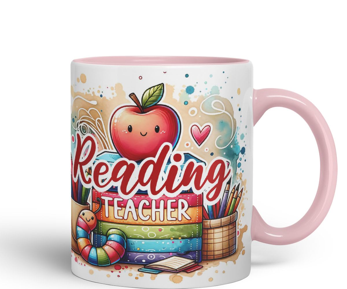 Vixar Reading Teacher Mug Thank You, End of School Gift Ceramic Coloured Mug Cup for Tea Coffee Hot Brew 330ml 11Oz Gift
