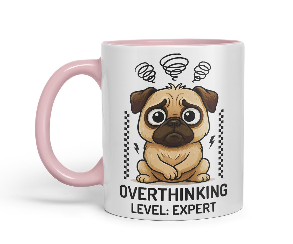 Vixar Overthinking Level Expert Pug Dog Mug – Coloured Ceramic Mug Cup Gift, 11oz (Black)