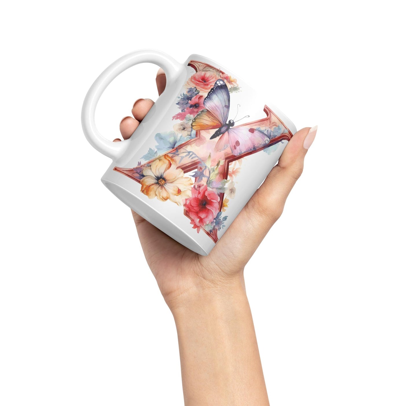 Letter X mug, Floral flowers butterfly Alphabet Letter X Monogram watercolour Ceramic Coloured Mug Cup for Tea Coffee Hot brew 330ml 11Oz Gift