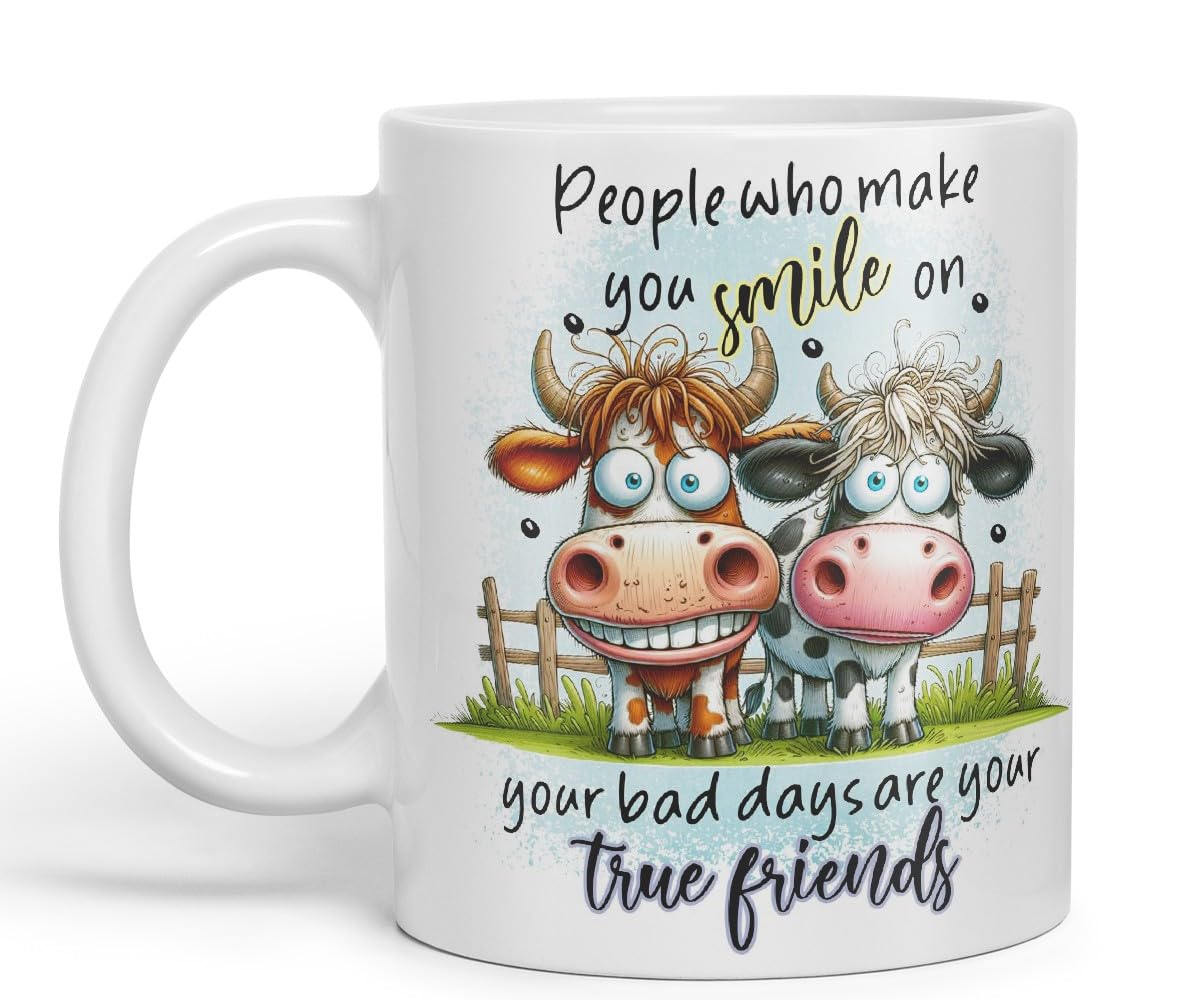 Vixar People Who Make You Smile On Your Bad Days are Your True Friends Funny Highland Cow Coloured Mug Cup 11oz (Black)