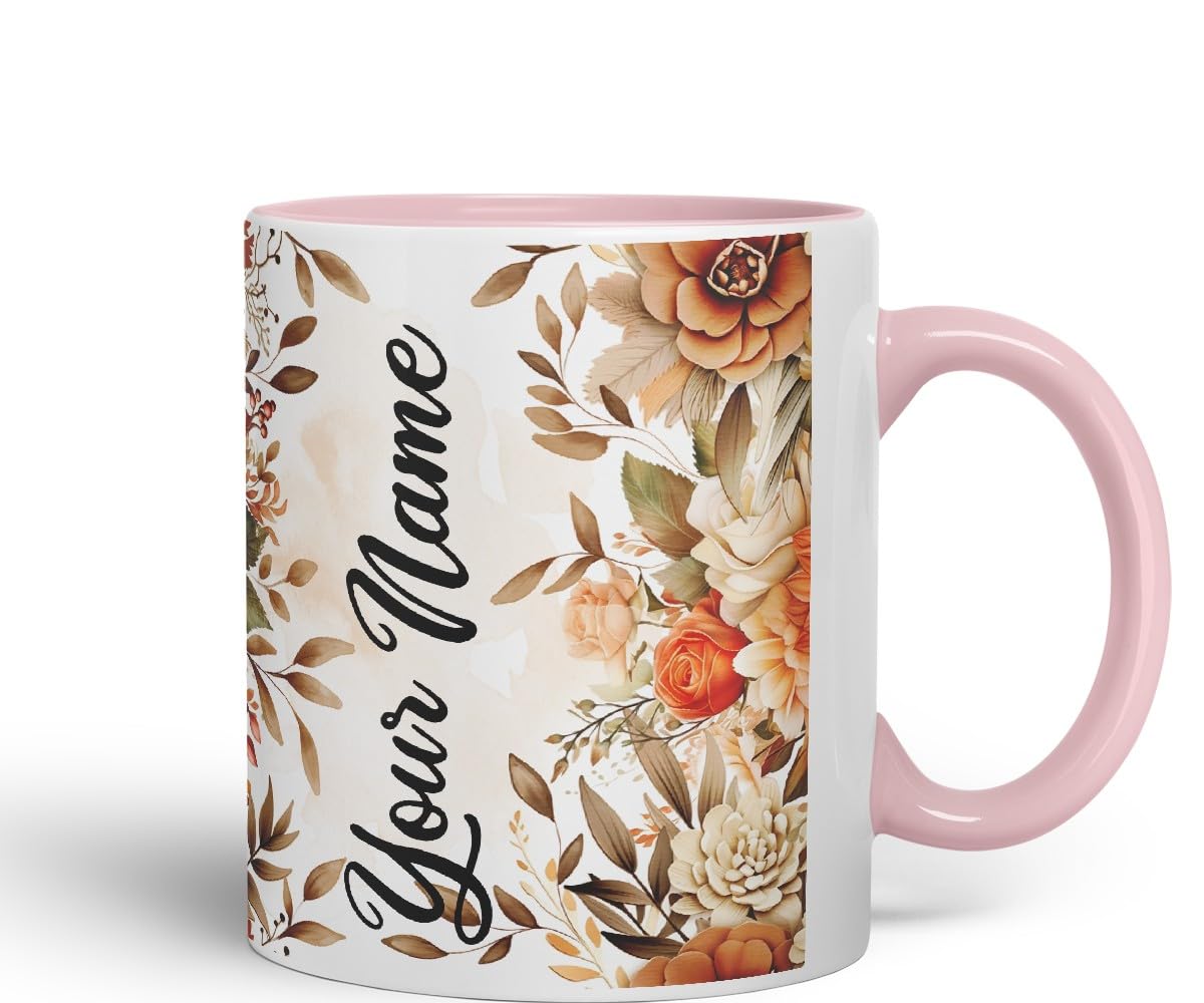 Vixar Personalised Autumn Flower Mug – Custom Your Name Coloured Ceramic Mug Cup Gift, 11oz (Black)