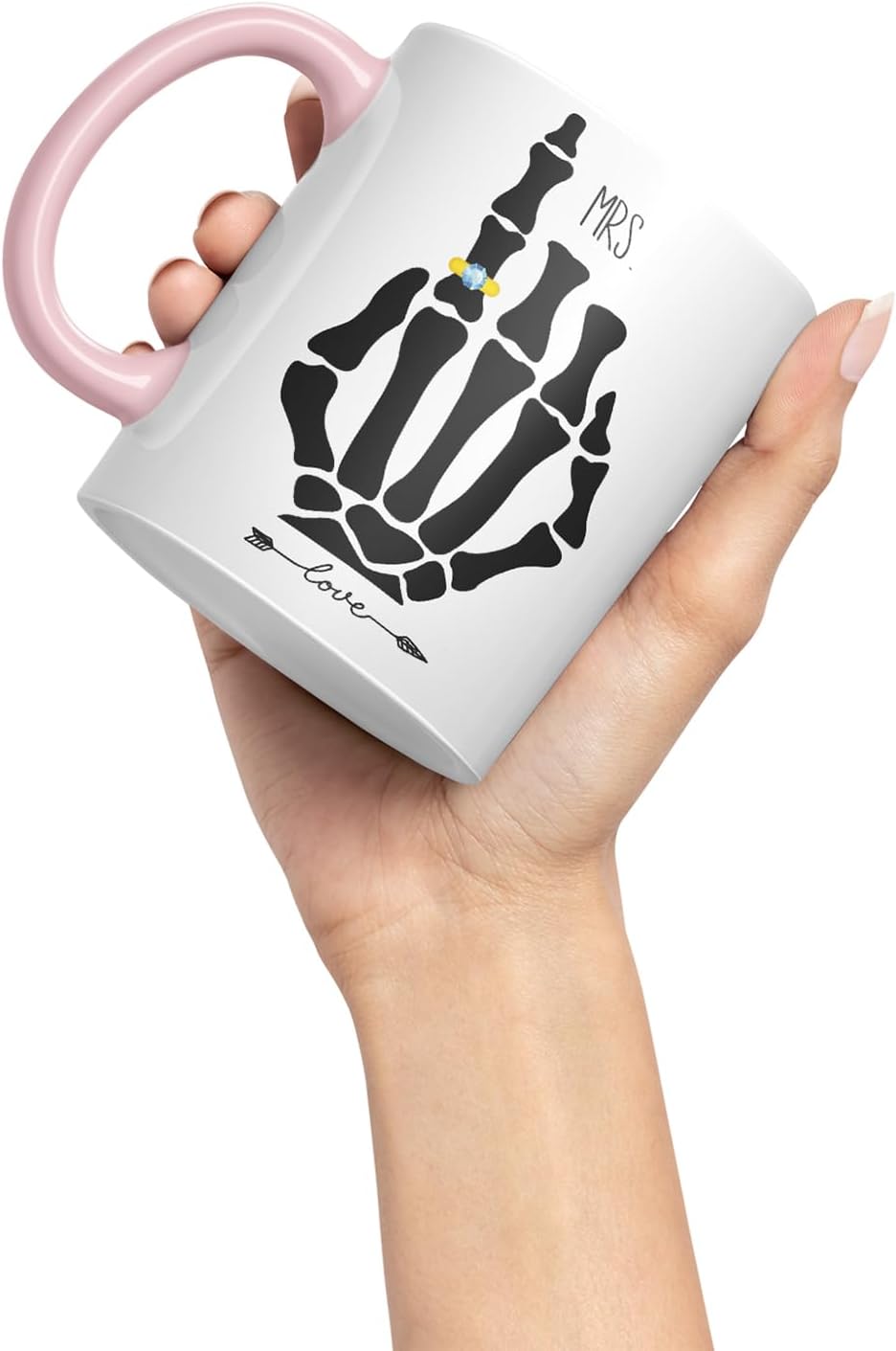Vixar Mr and Mrs Skeleton Hand Wedding Ring Couple Mugs – Coloured Ceramic Mugs Cups Gift, 11oz, Set of 2