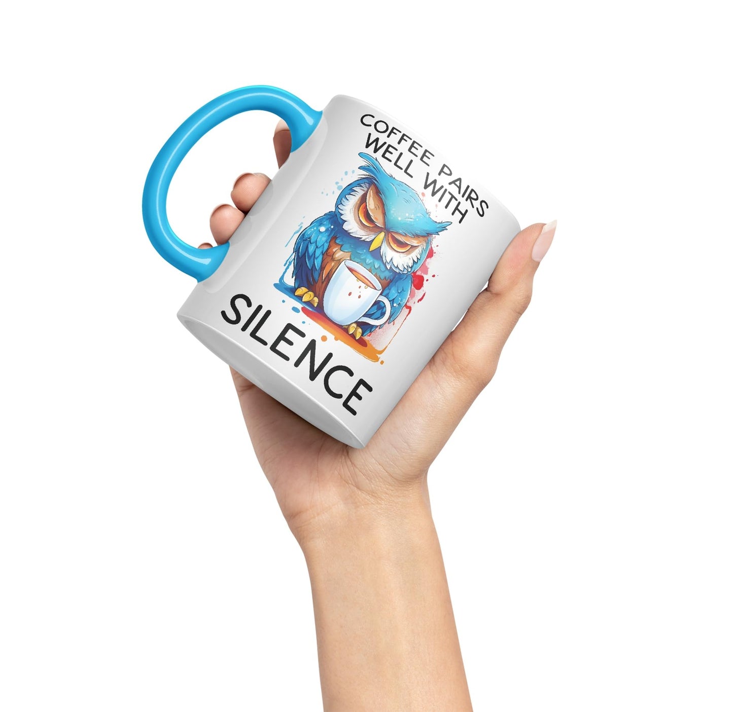 Coffee Pairs Well with Silence owl Sarcastic Joke Ceramic Coloured Mug Cup for Tea Coffee Hot Brew 330ml 11 Oz