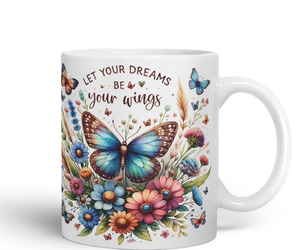 Vixar Let Your Dreams Be Your Wings Butterfly Coloured Mug Cup Floral Inspirational Gift 11oz (Black)