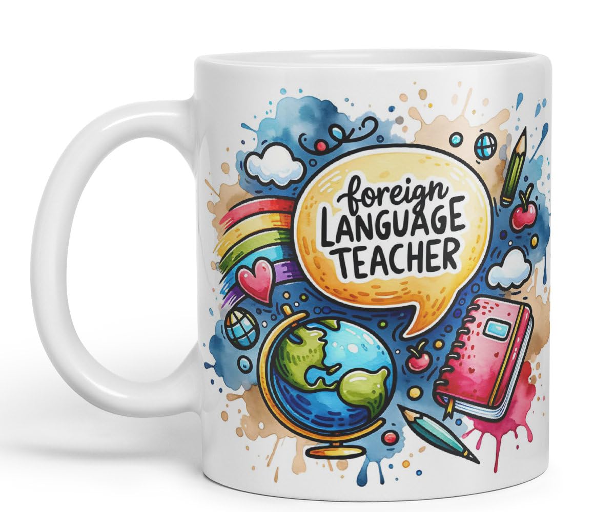Vixar Foreign Language Teacher Teacher Mug Thank You, End of School Gift Ceramic Coloured Mug Cup for Tea Coffee Hot Brew 330ml 11Oz Gift