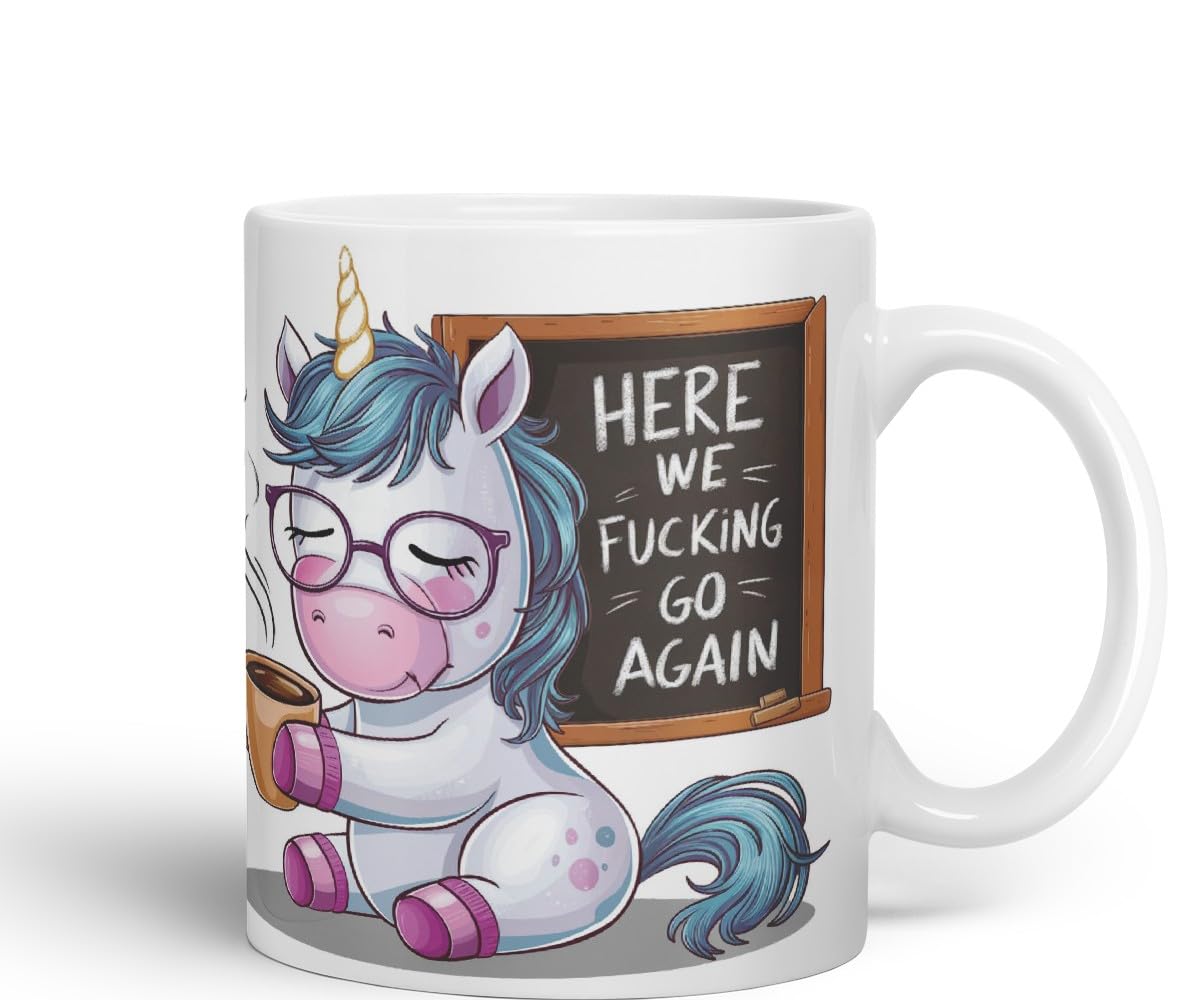 Vixar Here We F*cking Go Again – Coloured Ceramic Mug Cup Gift, 11oz (Black)