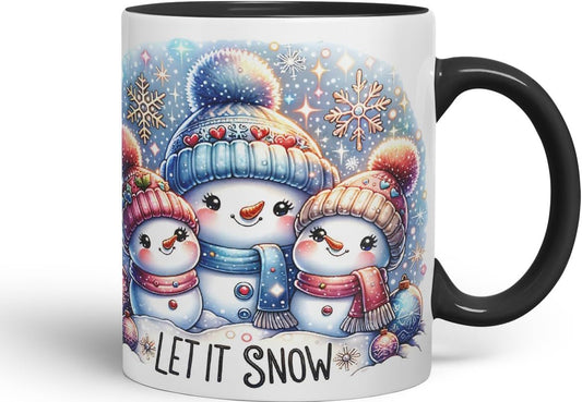 Vixar Let It Snow Cute Snowman Family Coloured Mug Cup Christmas Winter Gift 11oz (Black)