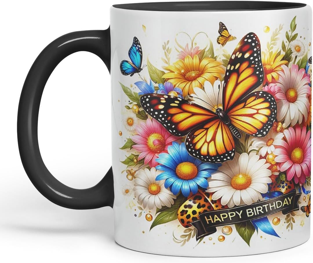 Vixar Happy Birthday Golden Butterfly Daisies Coloured Ceramic Mug Cup Gift 11oz V11 (Black)