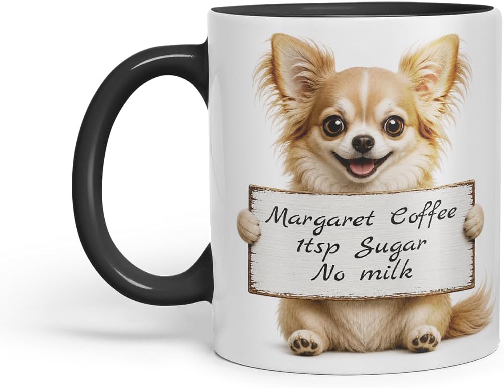 Vixar Personalised Long Hair Chihuahua Mug with Name or Custom Message – Cute Animal Coloured Ceramic Mug Cup Gift, 11oz (Black)