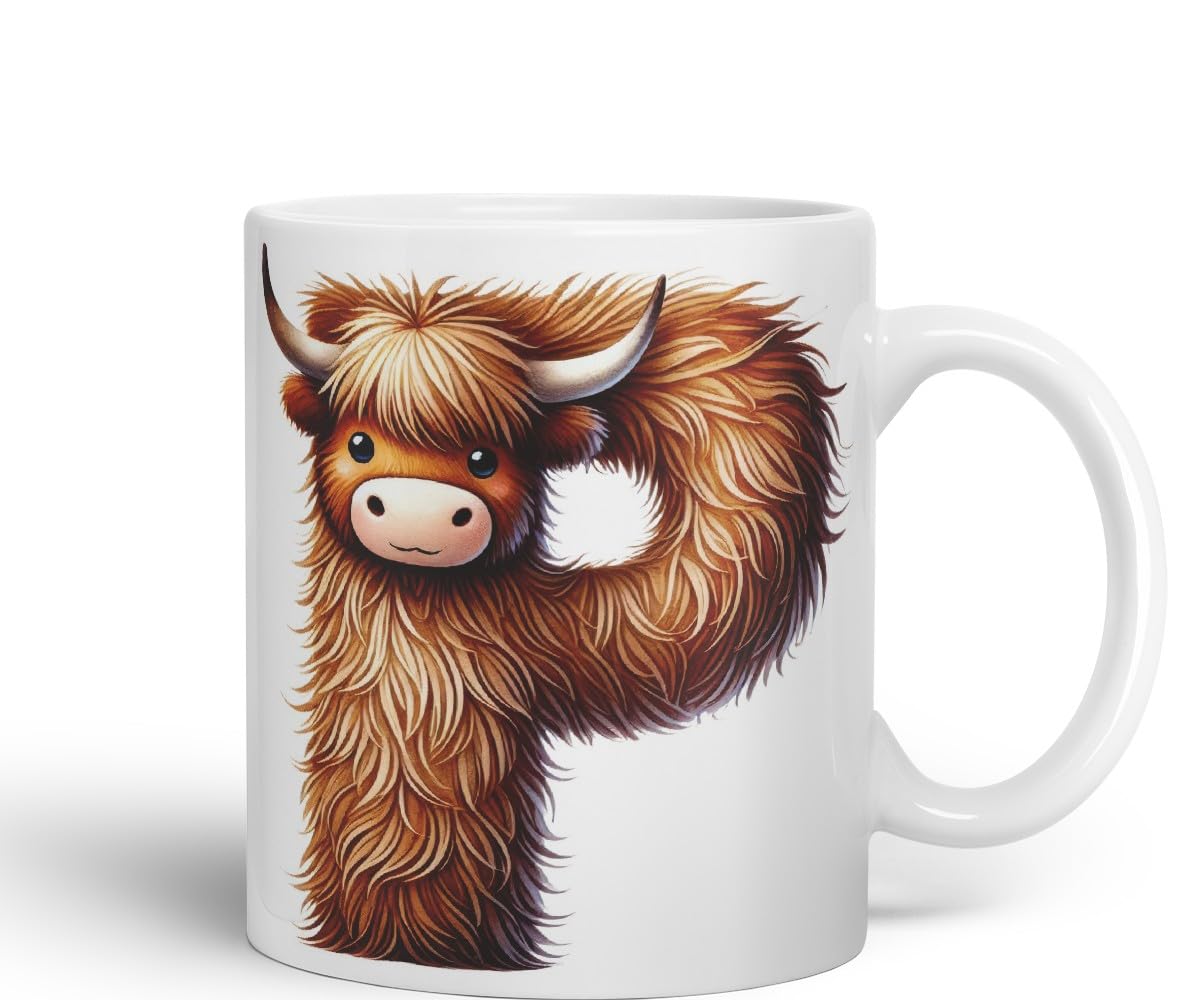 Highland Cow Alphabet Monogram Coloured Ceramic Cup Mug Letter P Rustic Farmhouse Animal Letter Gift V2 11oz (Black)