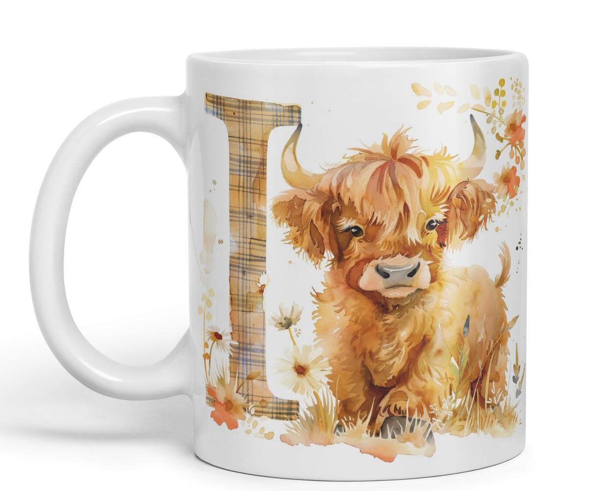 Vixar Highland Cow Alphabet Monogram Coloured Ceramic Cup Mug – Letter I – Rustic Farmhouse Animal Letter Gift – 11oz (Black)