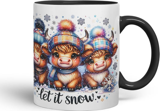 Vixar Let It Snow Cute Highland Cow Coloured Mug Cup Winter Christmas Animal Gift 11oz (Black)