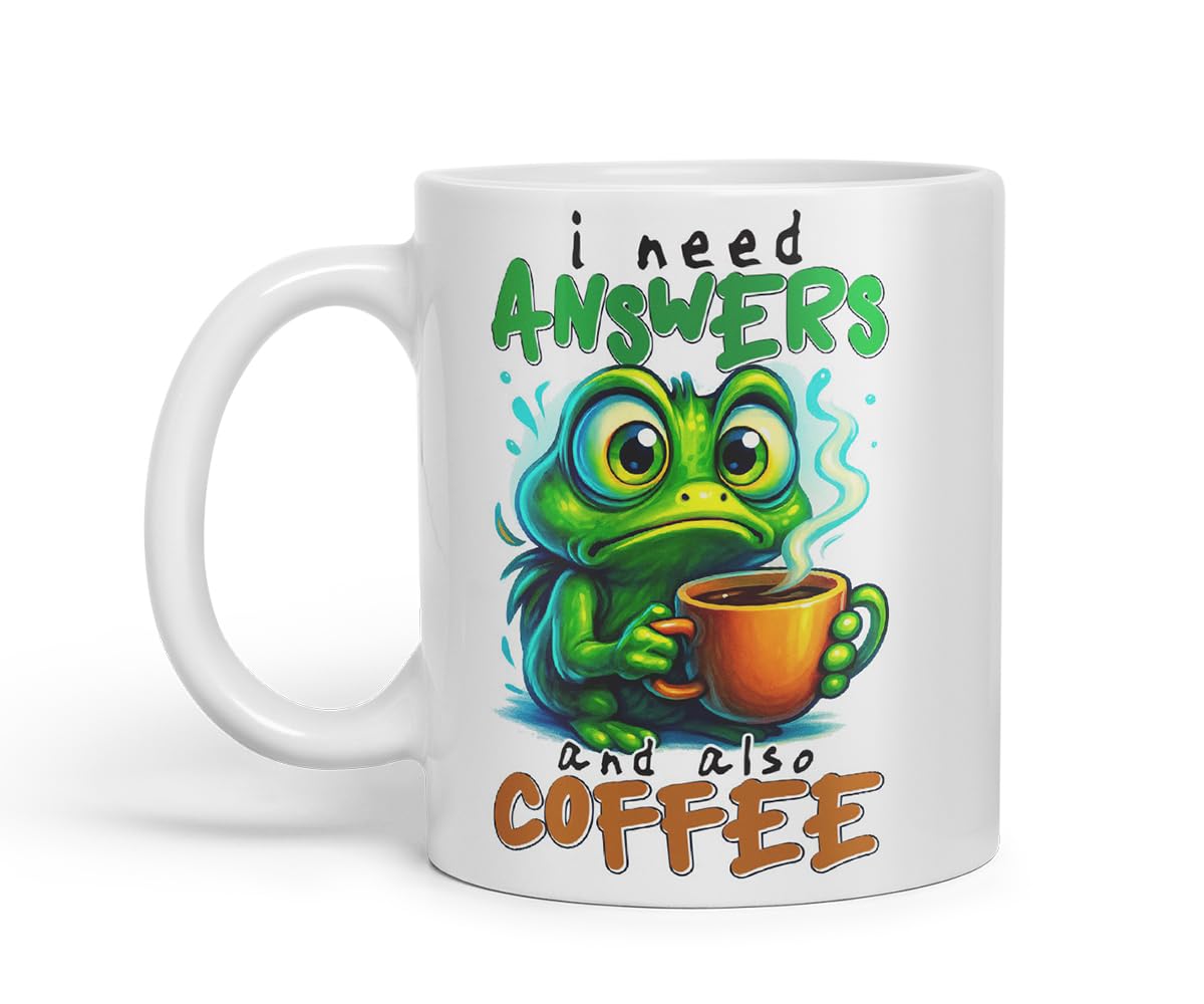 Vixar I Need Answers and Also Coffee Funny Frog Mug – Coloured Ceramic Mug Cup Gift, 11oz (Black)