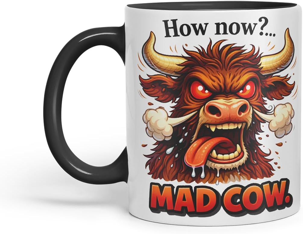 Vixar How Now Mad Cow Funny Highland Cow Mug – Coloured Ceramic Mug Cup Gift, 11oz (Black)