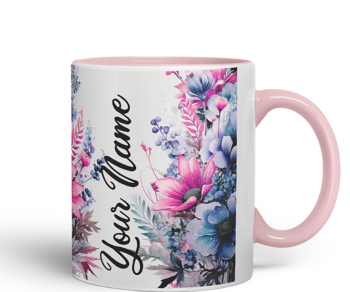 Vixar Personalised Purple Floral Mug – Custom Your Name Coloured Ceramic Mug Cup Gift, 11oz (Black)