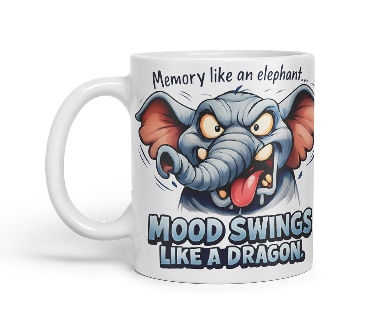 Vixar Memory Like an Elephant Mood Swings Like A Dragon Funny Elephant Mug – Coloured Ceramic Mug Cup Gift, 11oz (Black)