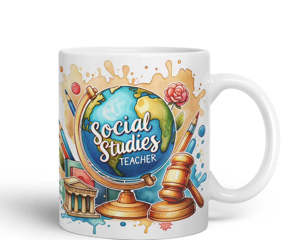 Vixar Social Studies Teacher Mug Thank You, End of School Gift Ceramic Coloured Mug Cup for Tea Coffee Hot Brew 330ml 11Oz Gift