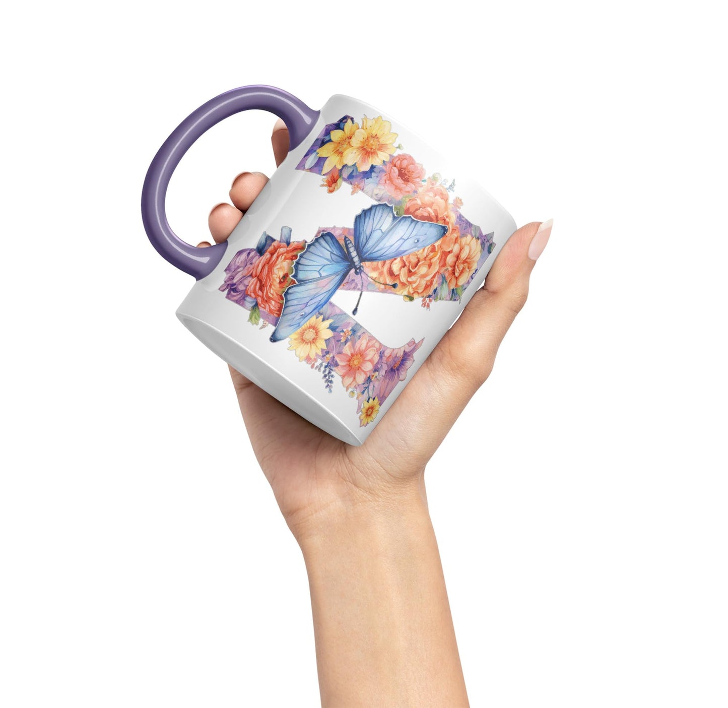 Letter Z mug, Floral flowers butterfly Alphabet Letter Z Monogram watercolour Ceramic Coloured Mug Cup for Tea Coffee Hot brew 330ml 11Oz Gift