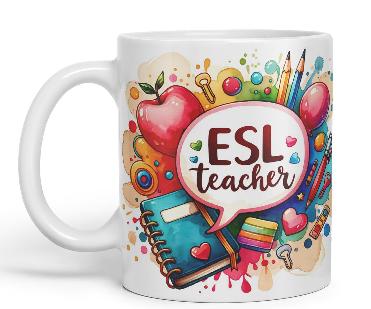 Vixar ESL Teacher Mug Thank You, End of School Gift Ceramic Coloured Mug Cup for Tea Coffee Hot Brew 330ml 11Oz Gift