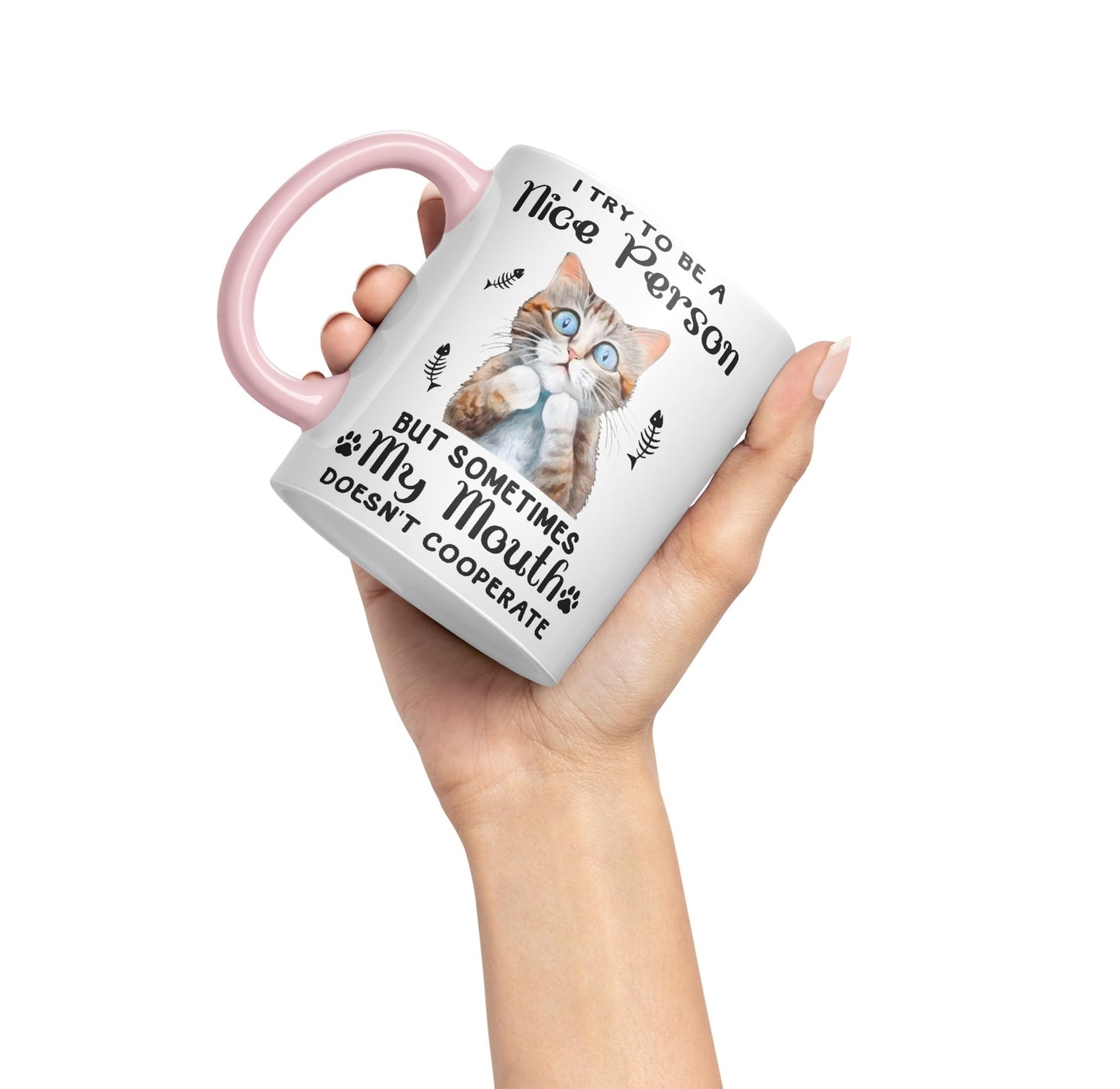 Vixar I Try to be a Nice Person but Sometimes My Mouth .. Cats Sarcastic Joke Ceramic Coloured Mug Cup for Tea Coffee Hot Brew 330ml 11Oz