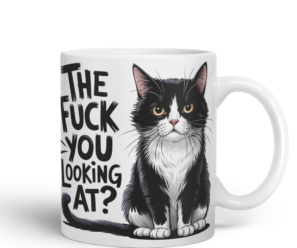 Vixar The F*** You Looking at? Sarcastic cat Coloured Ceramic Mug Cup Gift, 11oz (Black)
