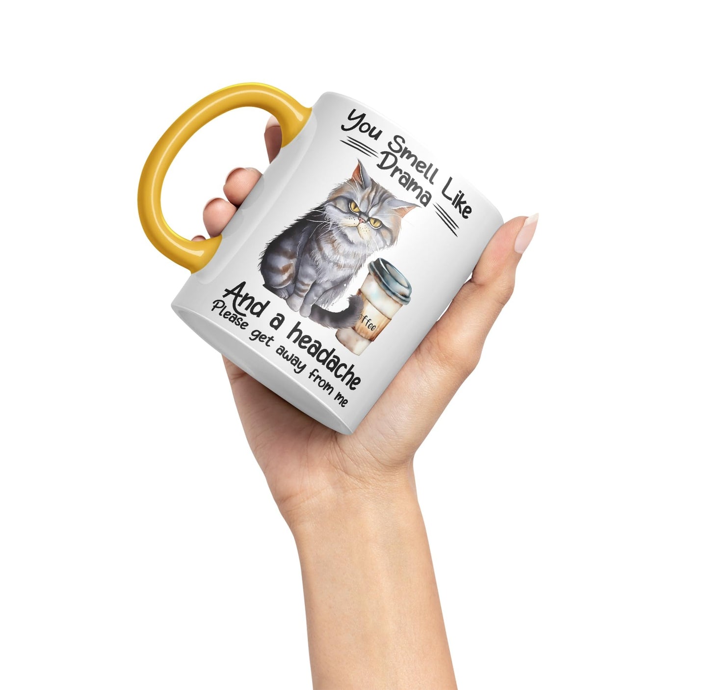 You Smell Like Drama and a Headache Cat Sarcastic Joke Ceramic Coloured Mug Cup for Tea Coffee Hot Brew 330ml 11Oz