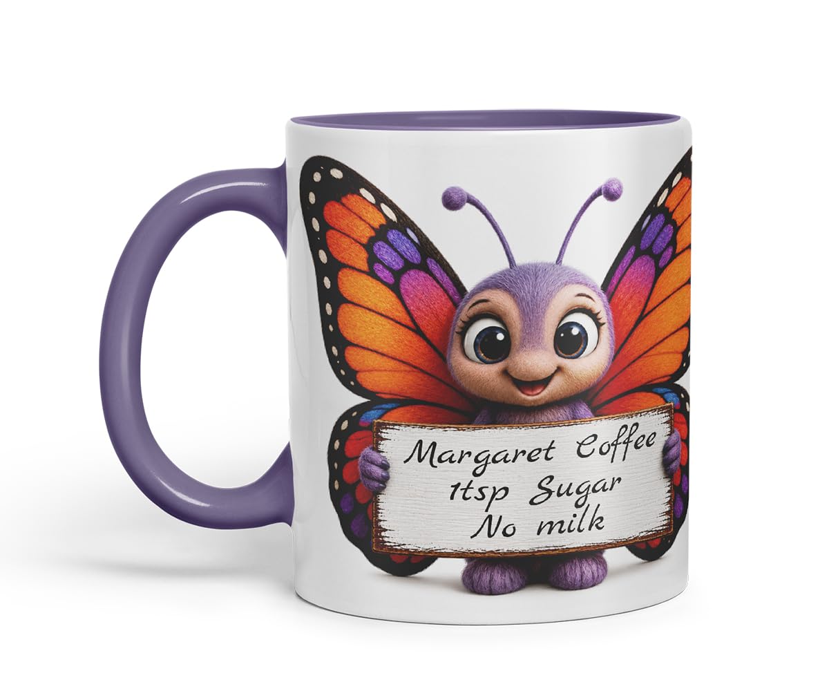 Vixar Personalised Butterfly Mug with Name or Custom Message – Cute Animal Coloured Ceramic Mug Cup Gift, 11oz (Orange)