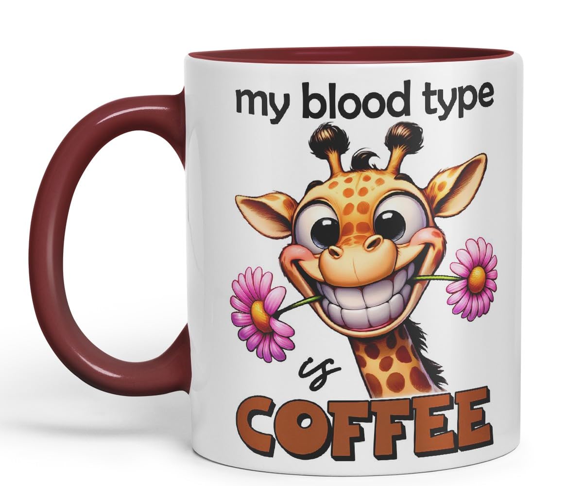 Vixar My Blood Type is Coffee Sarcastic Giraffe Mug Coloured Ceramic Cup 11oz (Black)