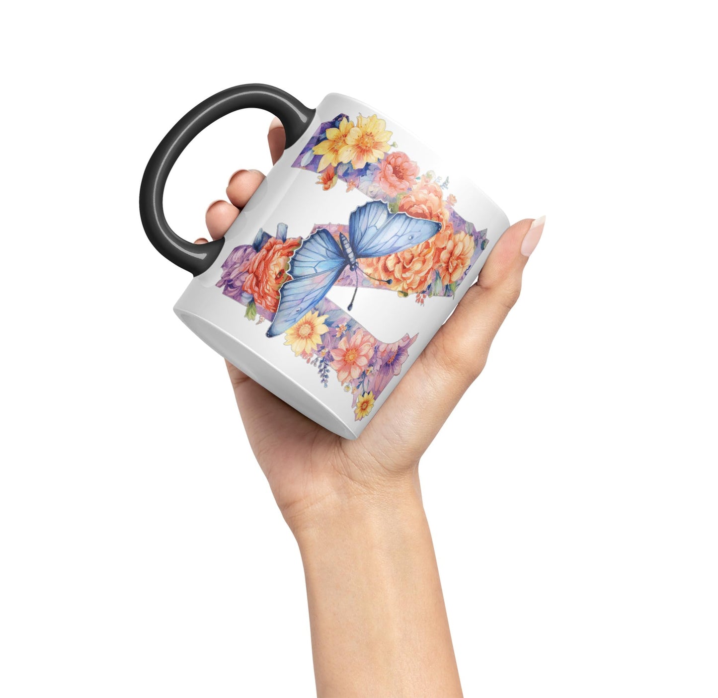 Letter Z mug, Floral flowers butterfly Alphabet Letter Z Monogram watercolour Ceramic Coloured Mug Cup for Tea Coffee Hot brew 330ml 11Oz Gift