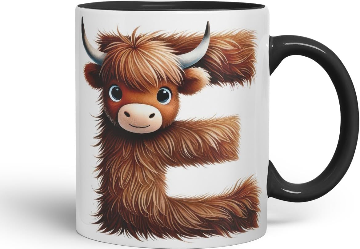 Highland Cow Alphabet Monogram Coloured Ceramic Cup Mug Letter E Rustic Farmhouse Animal Letter Gift V2 11oz (Black)