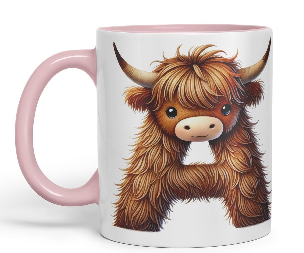 Highland Cow Alphabet Monogram Coloured Ceramic Cup Mug Letter A Rustic Farmhouse Animal Letter Gift V2 11oz (Black)
