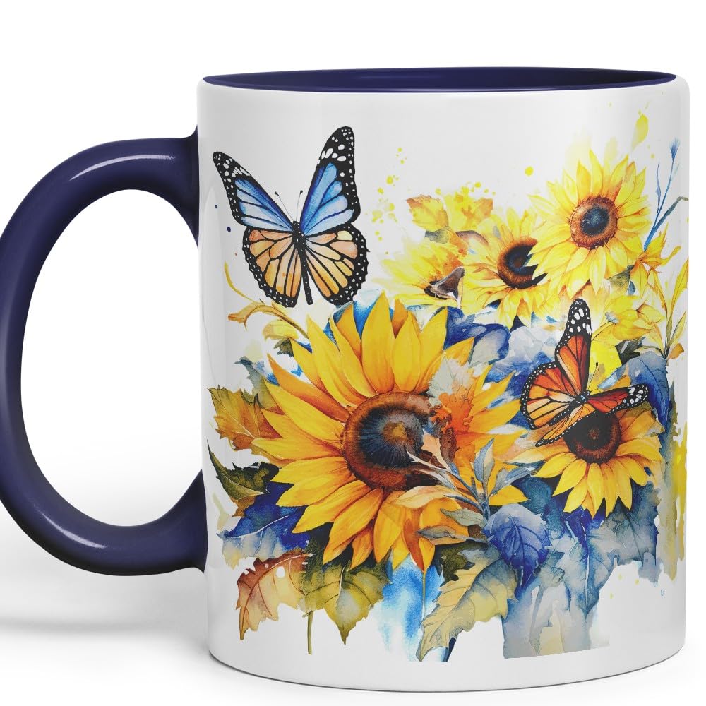 Vixar Ceramic Mug “Sunflower & Butterfly” – Coloured Coffee & Tea Mug Cup 11oz 330ml (Cambridge Blue)
