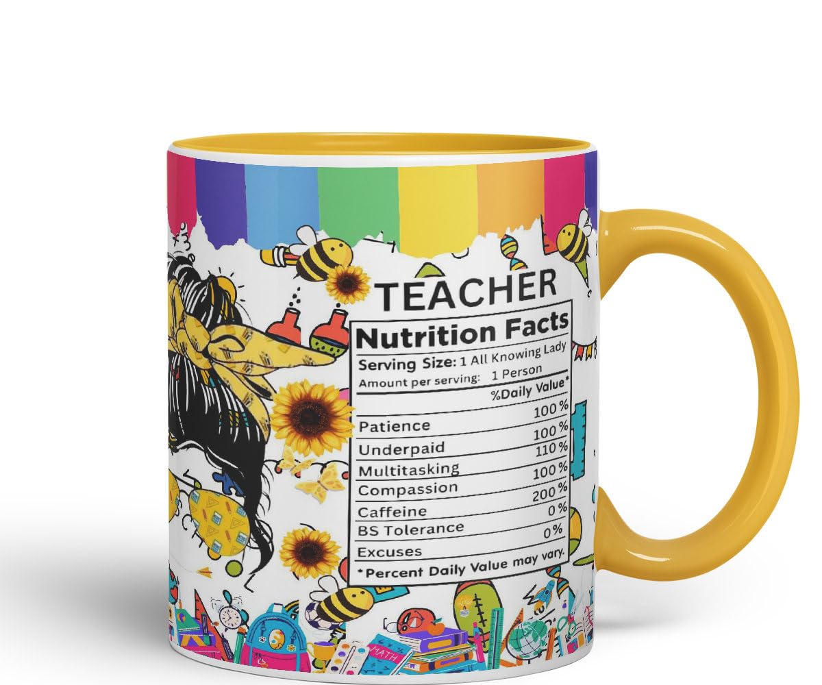 Vixar Teacher Nutrition Facts #teacherlife Mug Thank You, End of School Gift Ceramic Coloured Mug Cup for Tea Coffee Hot Brew 330ml 11Oz Gift TF2