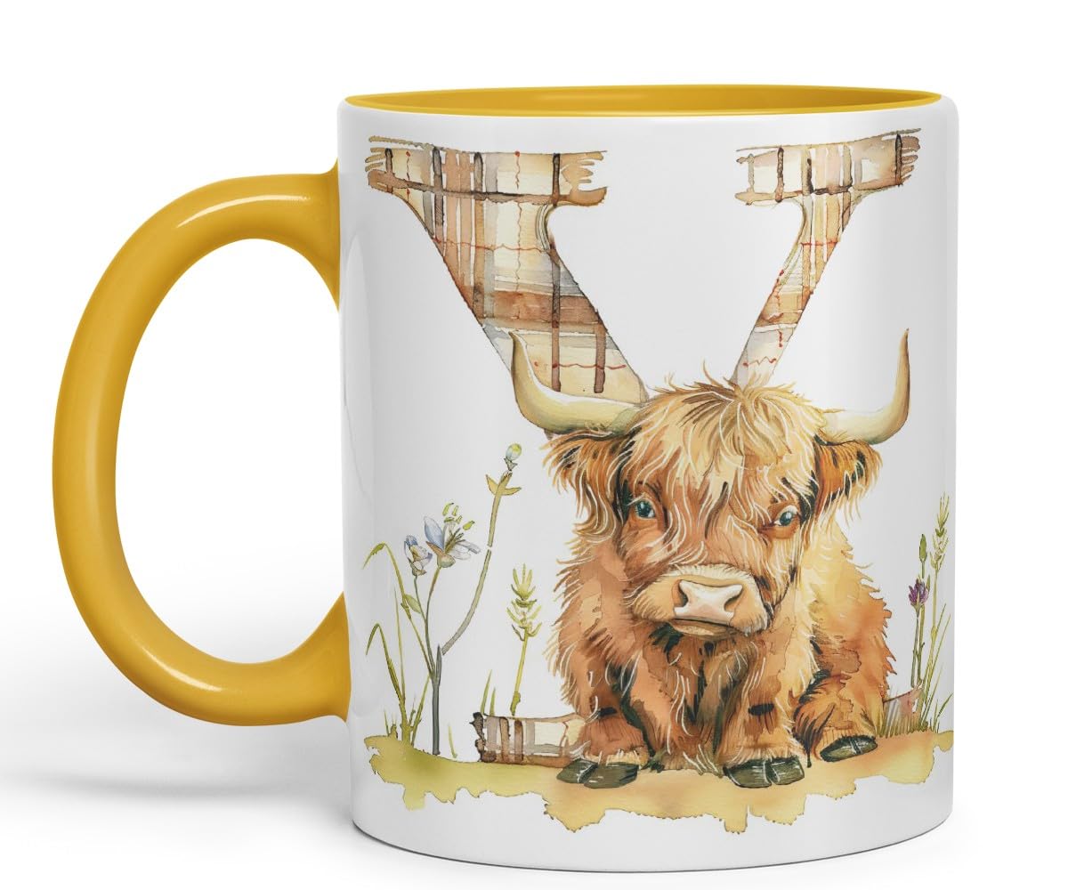 Vixar Highland Cow Alphabet Monogram Coloured Ceramic Cup Mug – Letter Y – Rustic Farmhouse Animal Letter Gift – 11oz (Black)
