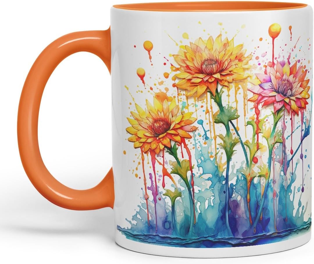 Vixar Calendula Garden Bloom Mug Coloured Ceramic Mug Cup Gift, 11oz (Orange)