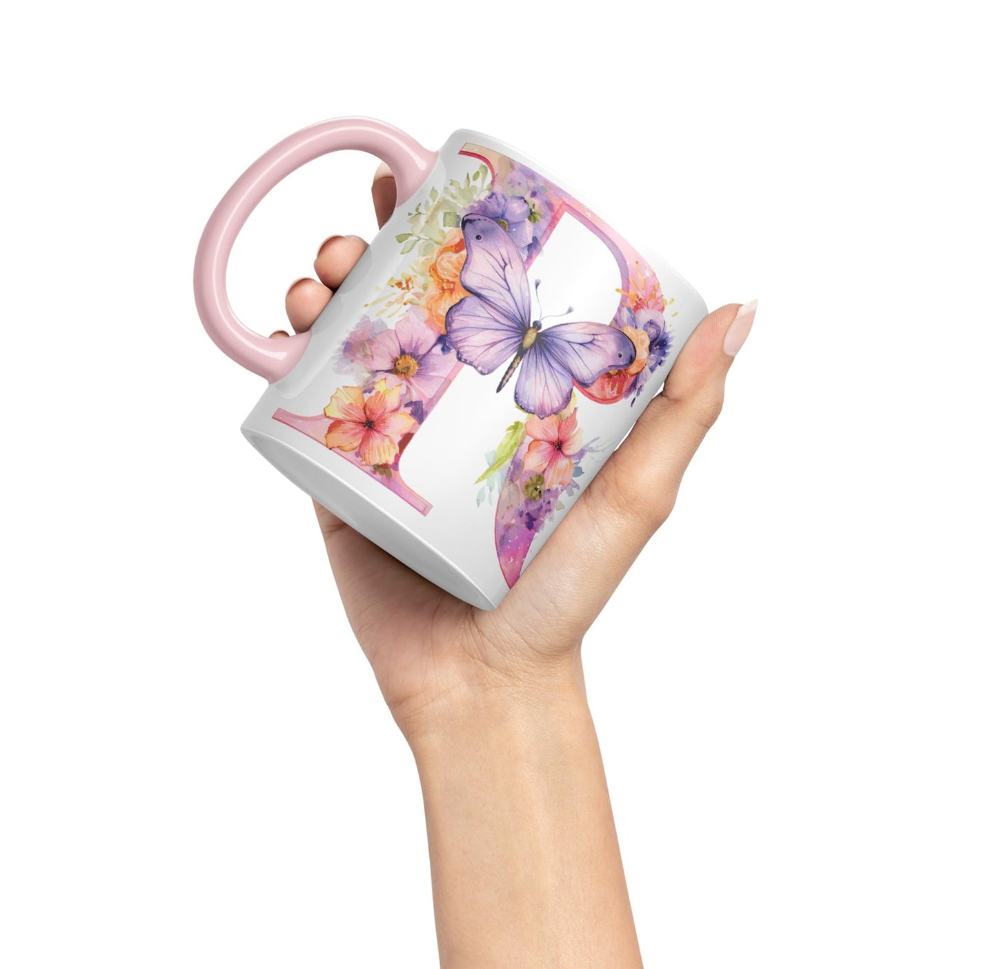 Letter R mug, Floral flowers butterfly Alphabet Letter R Monogram watercolour Ceramic Coloured Mug Cup for Tea Coffee Hot brew 330ml 11Oz Gift