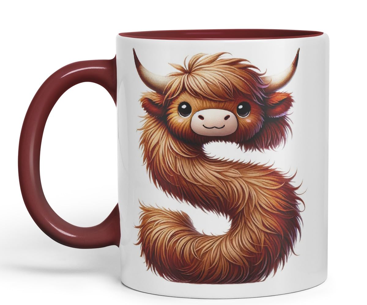 Highland Cow Alphabet Monogram Coloured Ceramic Cup Mug Letter S Rustic Farmhouse Animal Letter Gift V2 11oz (Black)