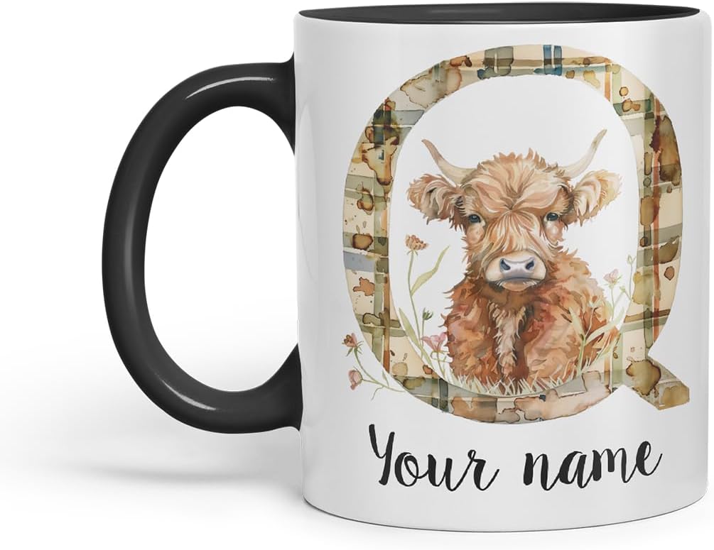 Vixar Personalised Highland Cow Initial Letter Q Custom Name Mug – Coloured Ceramic Mug Cup Gift, 11oz (Black)