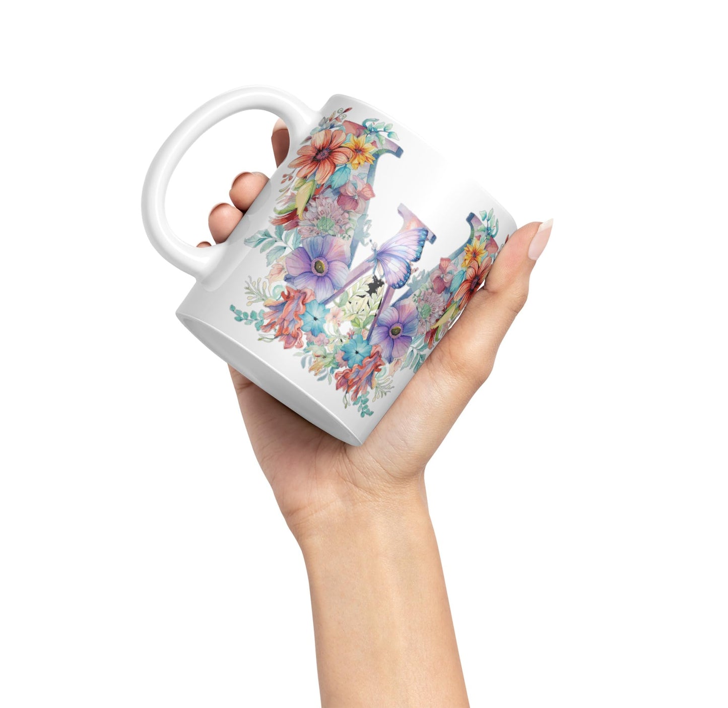 Letter W mug, Floral flowers butterfly Alphabet Letter W Monogram watercolour Ceramic Coloured Mug Cup for Tea Coffee Hot brew 330ml 11Oz