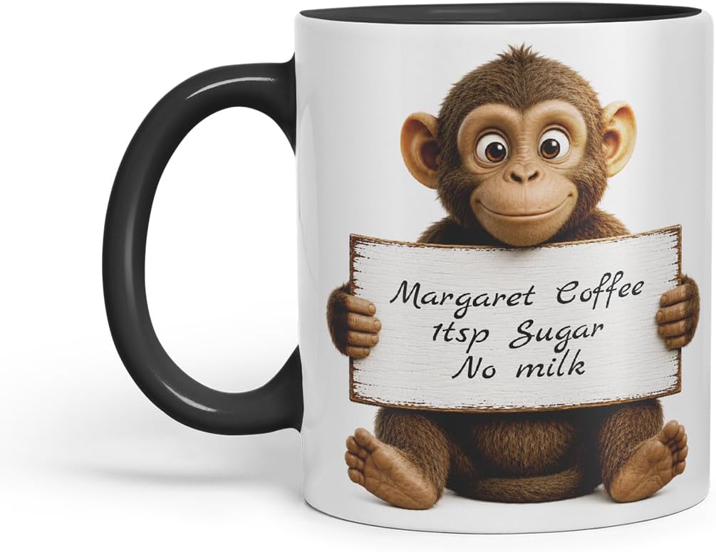 Vixar Personalised Monkey Mug with Name or Custom Message – Cute Animal Coloured Ceramic Mug Cup Gift, 11oz (Black)