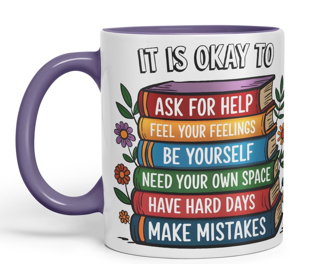 Vixar It is Okay to Ask for Help – Feel Your Feelings – Be Yourself – Need Your Own Space – Have Hard Days – Make Mistakes Coloured Ceramic Mug Cup Gift, 11oz (Black)