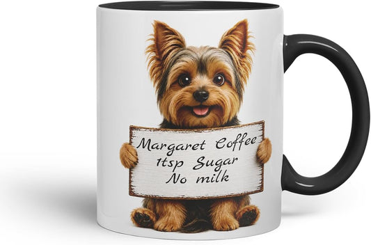 Vixar Personalised Yorkshire Terrier Dog Mug with Name or Custom Message – Cute Animal Coloured Ceramic Mug Cup Gift, 11oz (Black)