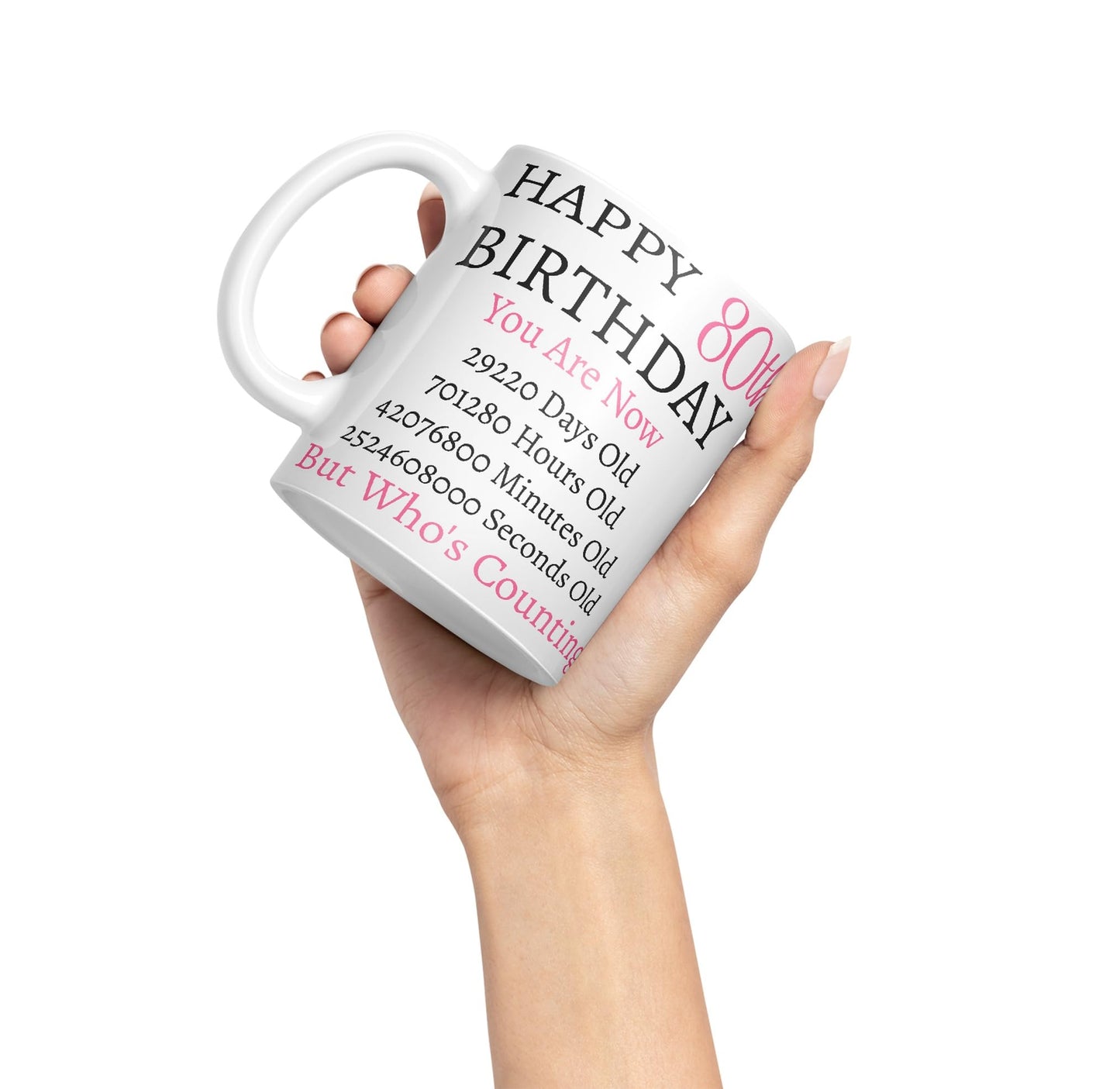 Vixar But Who's Counting Happy 80th Birthday Ceramic Coloured Mug Cup Gift Days Hours Minutes (Pink)