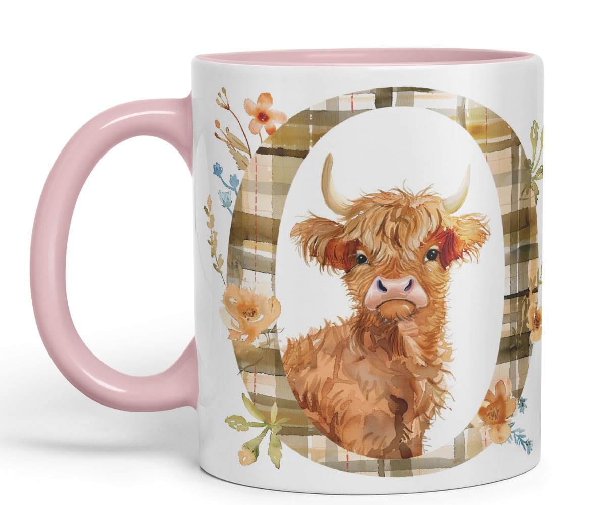 Vixar Highland Cow Alphabet Monogram Coloured Ceramic Cup Mug – Letter O – Rustic Farmhouse Animal Letter Gift – 11oz (Black)