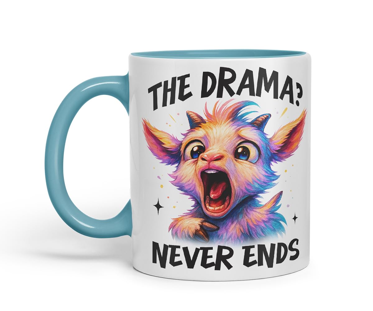 Vixar The Drama Never Ends Sarcastic Goat – Coloured Ceramic Mug Cup Gift, 11oz (Black)